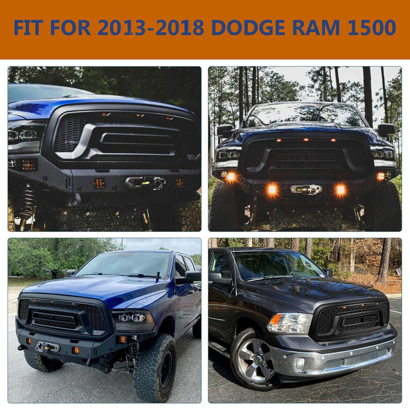 Matte Black Front Grille Rebel Style w/LED Lights for 2013-2018 Dodge Ram 1500(No "RAM" Letter)