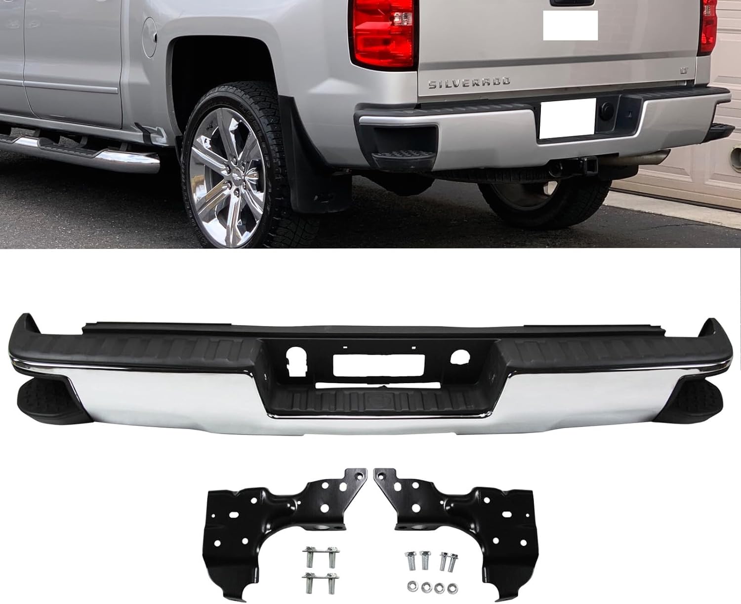 Chrome Rear Step Bumper w/o Sensor Holes For 14-18 Chevy Silverado/Sierra 1500