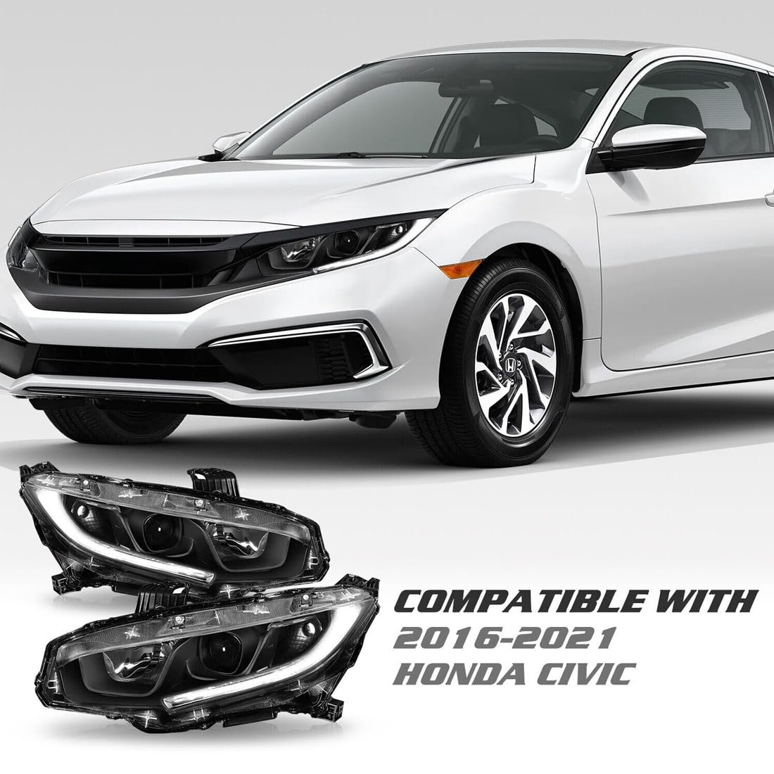 Pair Black Housing Headlights Lamps Assembly for 2016-2020 Honda Civic