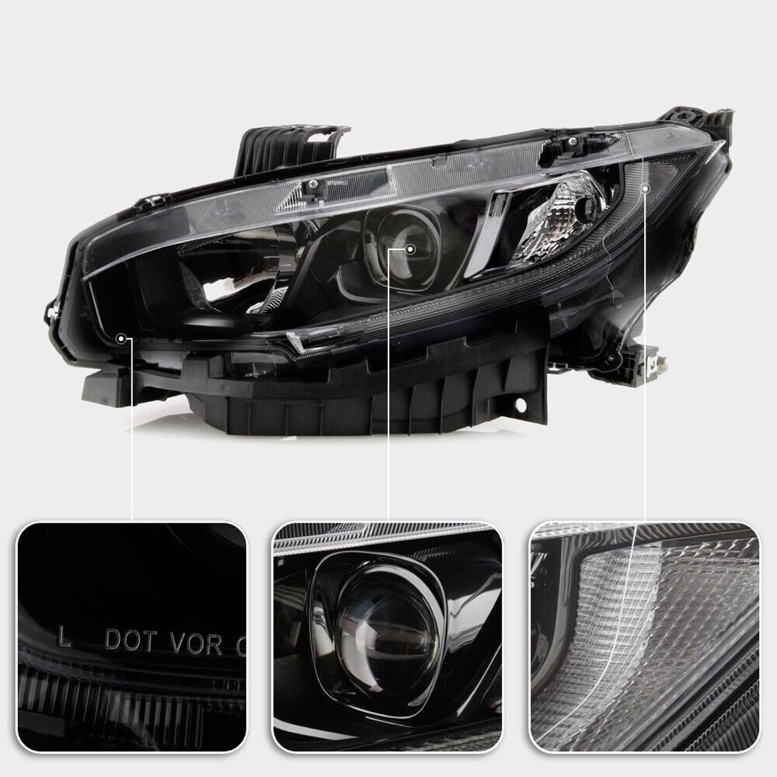Pair Black Housing Headlights Lamps Assembly for 2016-2020 Honda Civic