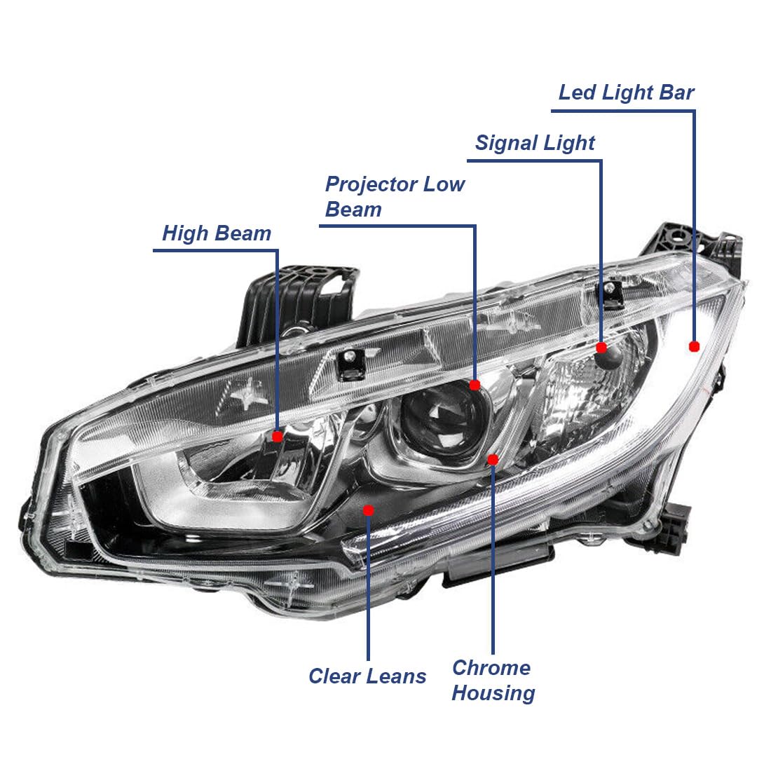 Chrome Housing Halogen Headlights Lamps for 2016-2020 Honda Civic