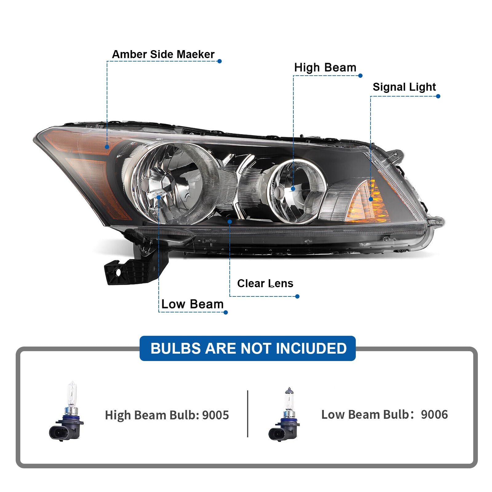 Black Halogen Headlights Assembly w/o Bulbs for 2008-2012 Honda Accord Sedan
