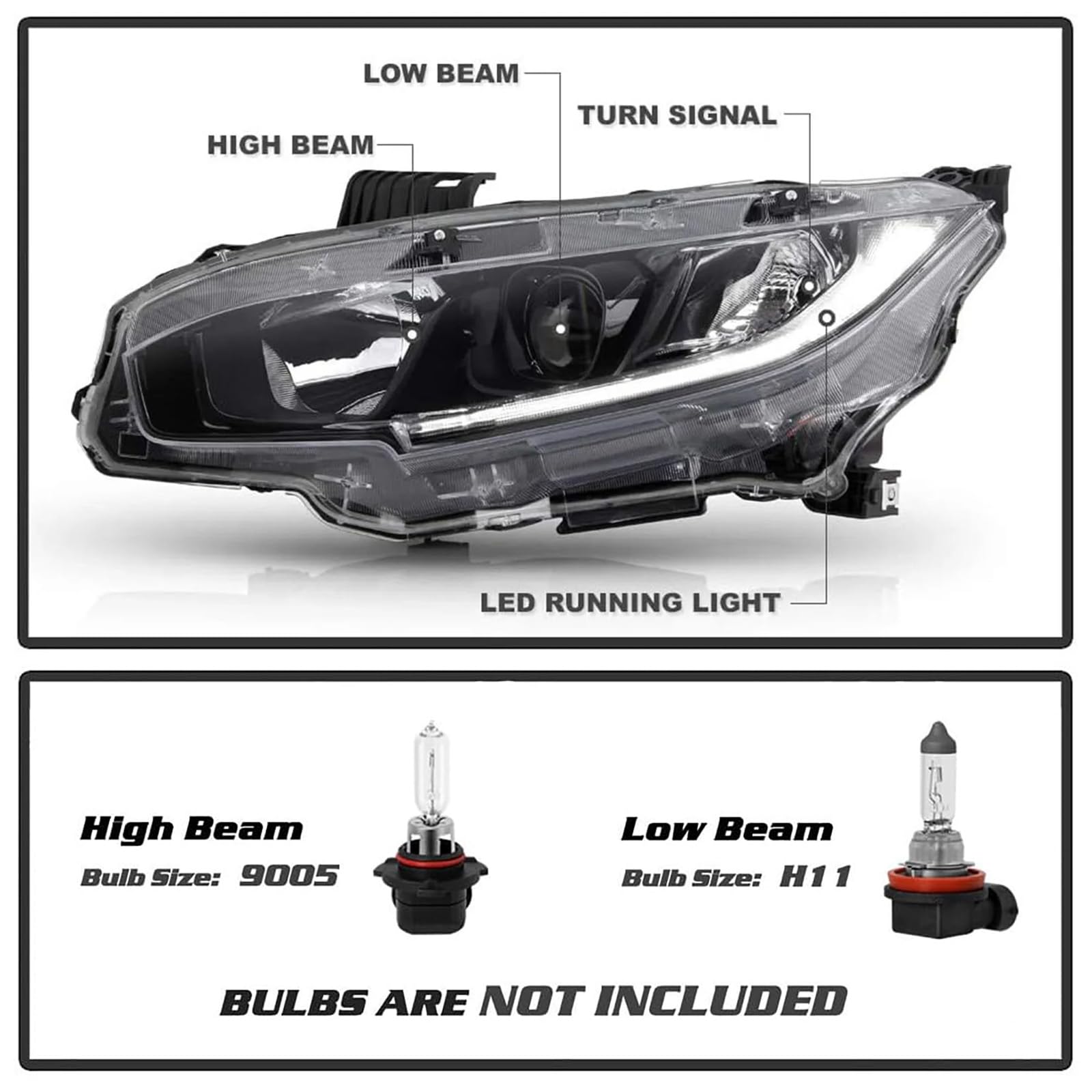 Pair Black Housing Headlights Lamps Assembly for 2016-2020 Honda Civic