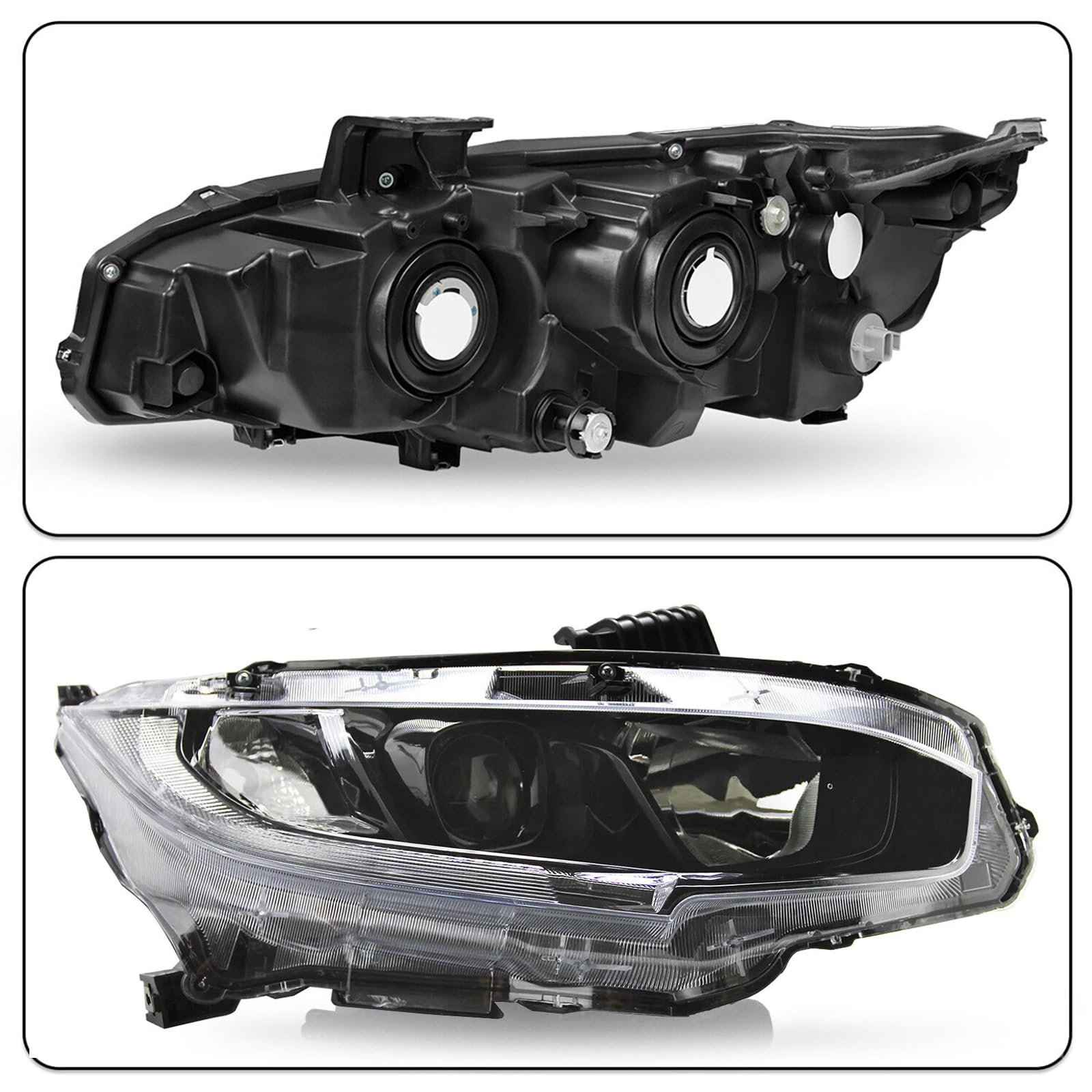 Pair Black Housing Headlights Lamps Assembly for 2016-2020 Honda Civic