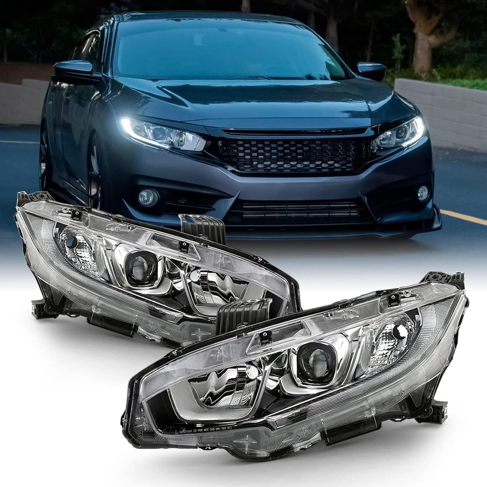 Chrome Housing Halogen Headlights Lamps for 2016-2020 Honda Civic