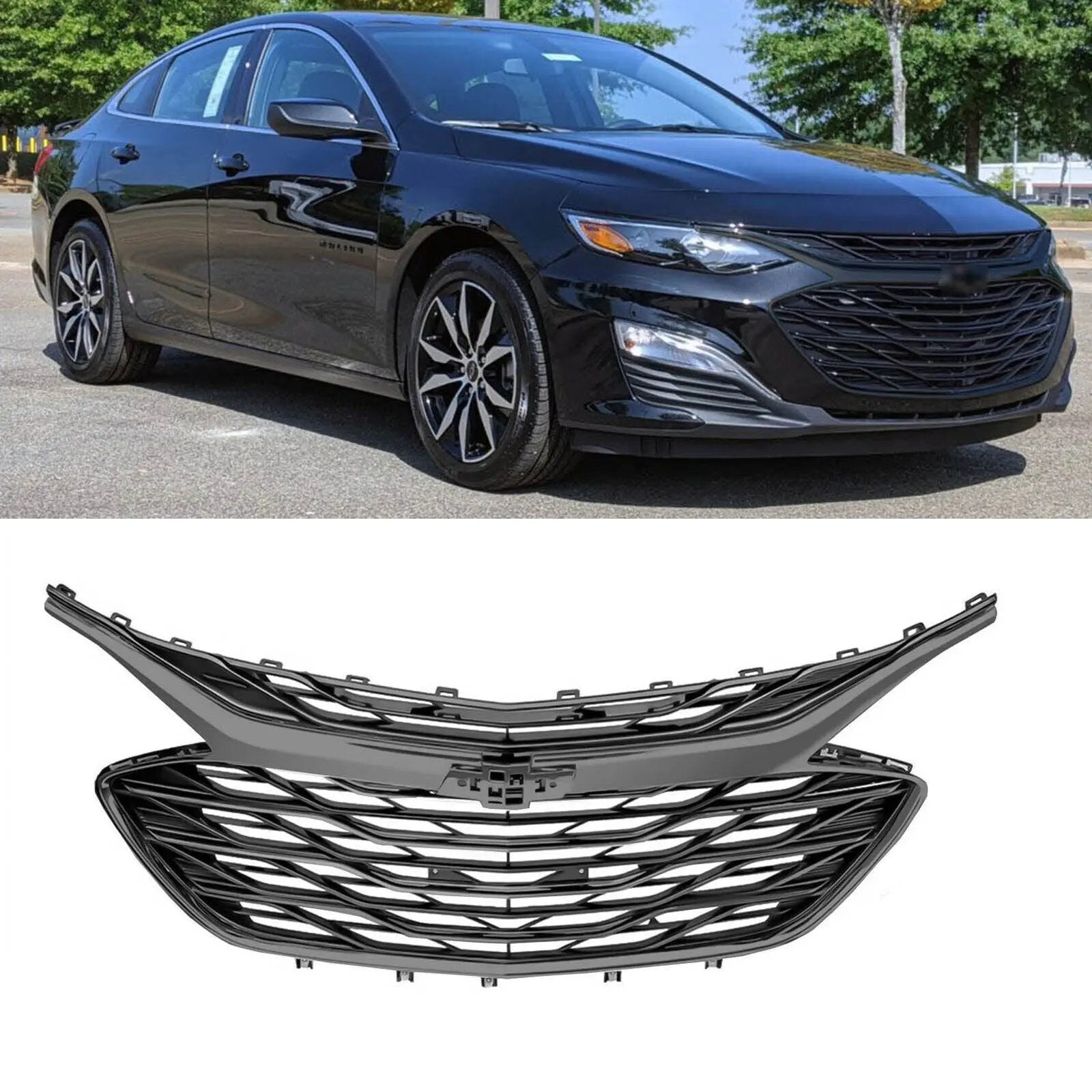 Black Front Bumper Grill Upper Lower Grille for 2019-2021 Chevrolet Malibu