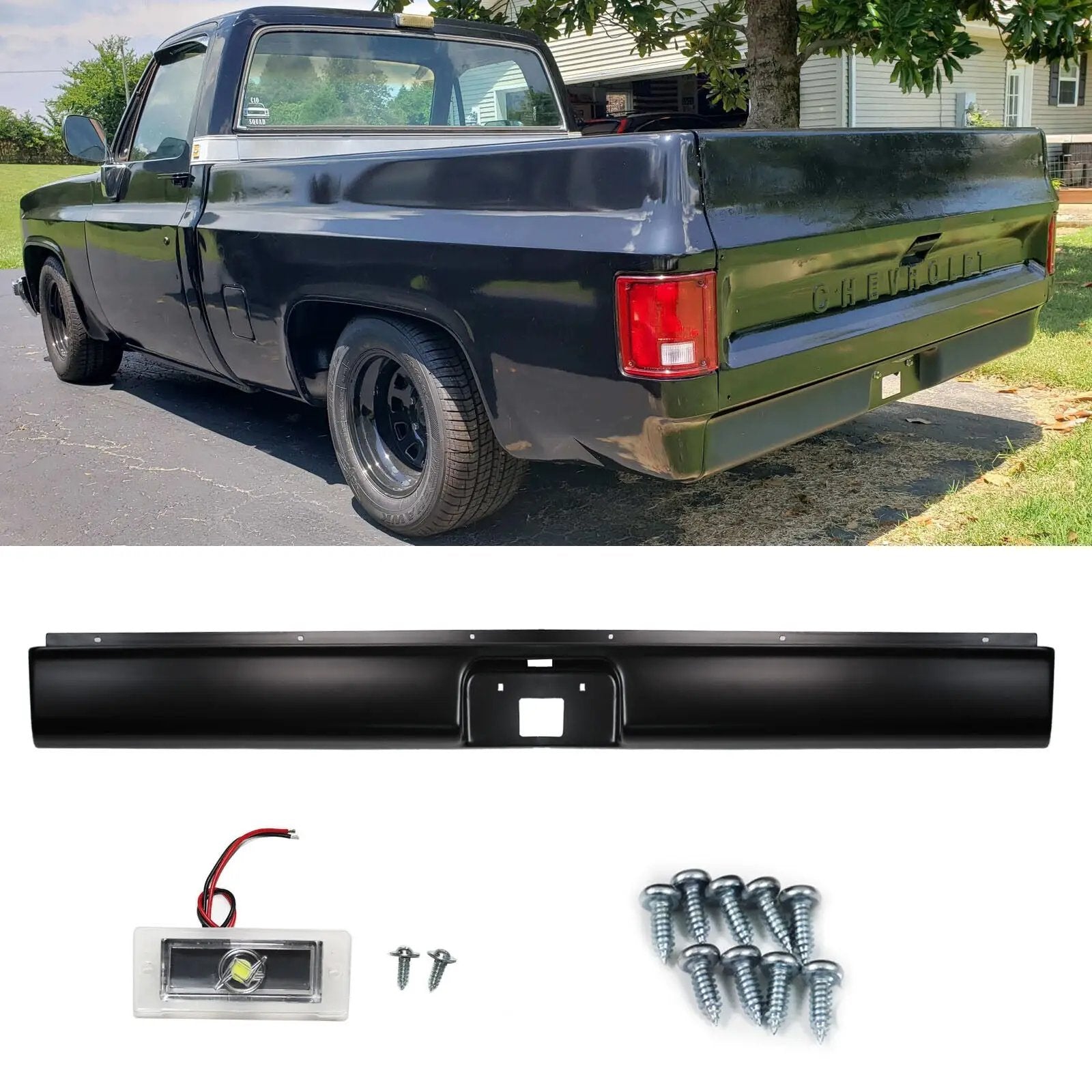 Rear Bumper Roll Pan w/LED Light for 1973-1987 Chevy C10 C20 Fleetside