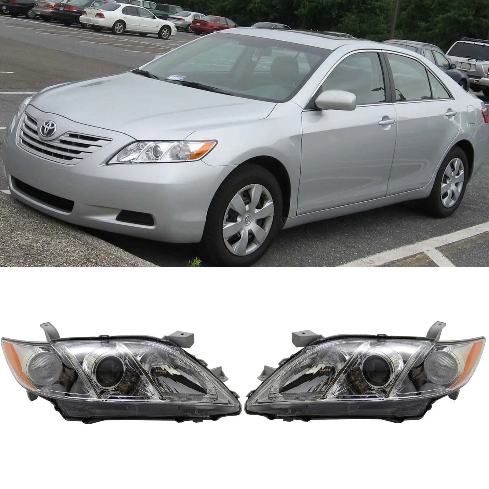 Chrome Headlights Headlamps Assembly for 07-09 Toyota Camry Left & Right