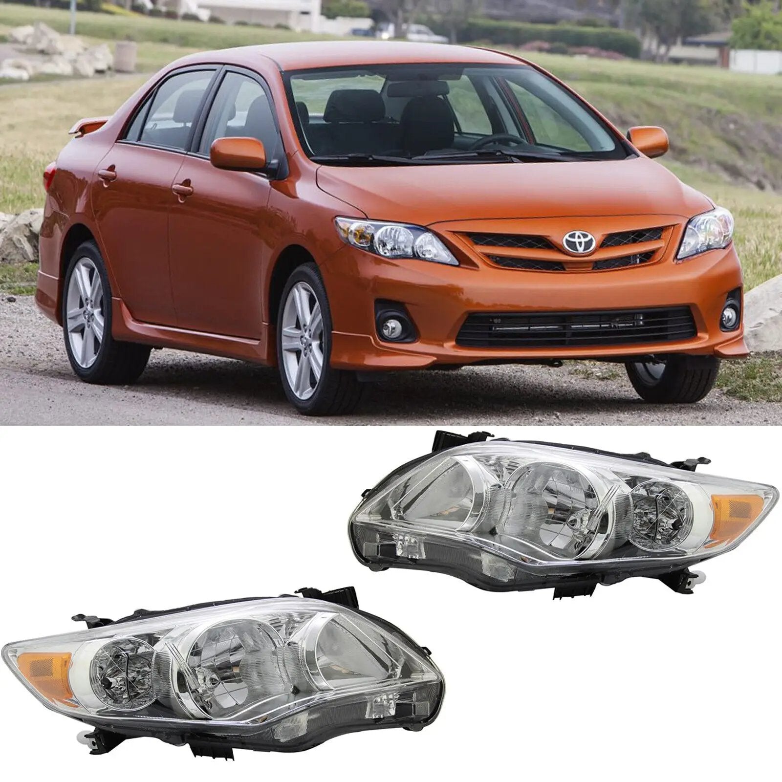 Pair of Chrome Headlights Headlamps Assembly for 2011-2013 Toyota Corolla
