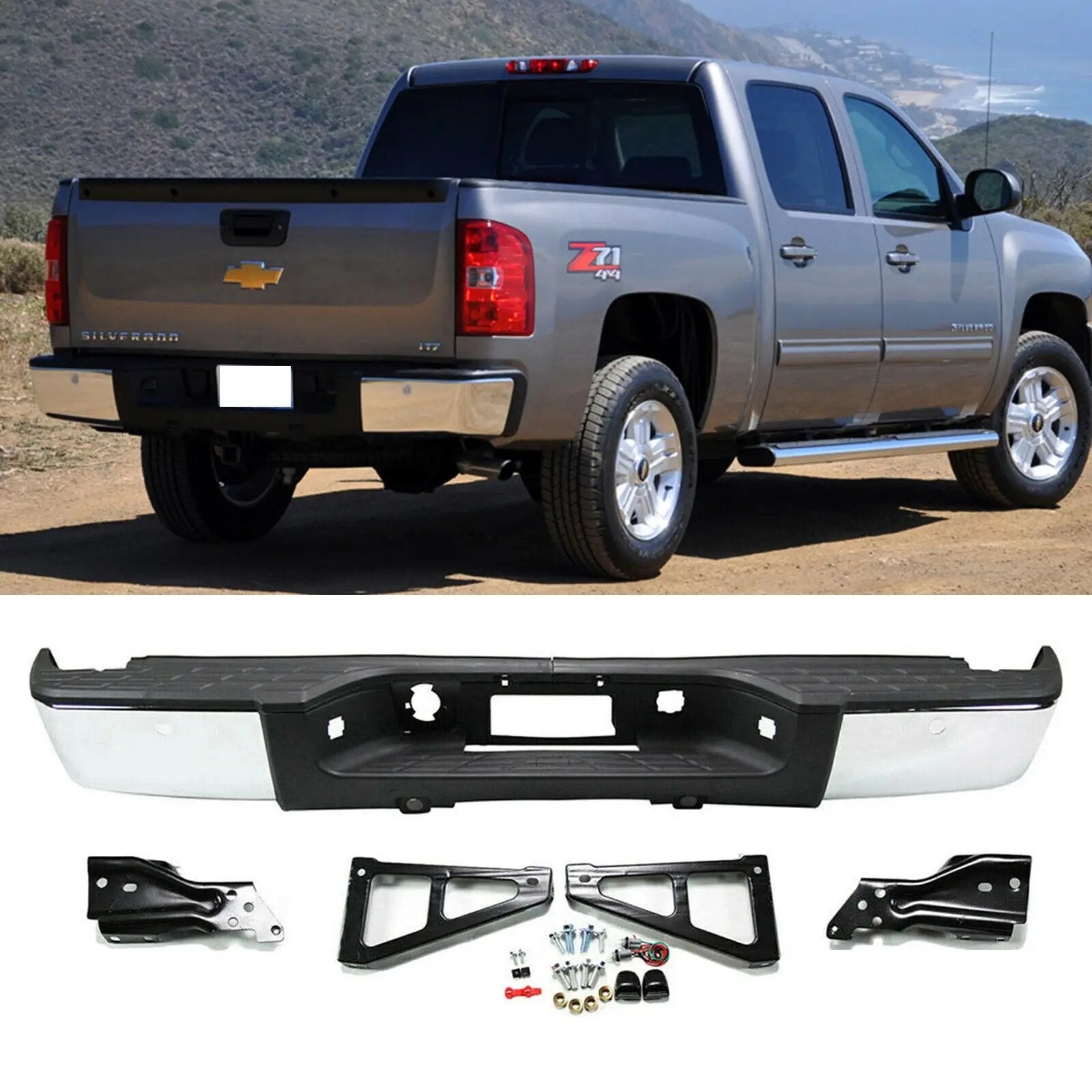 Rear Step Bumper w/Sensor Holes for 2007-2013 Chevy Silverado GMC Sierra 1500