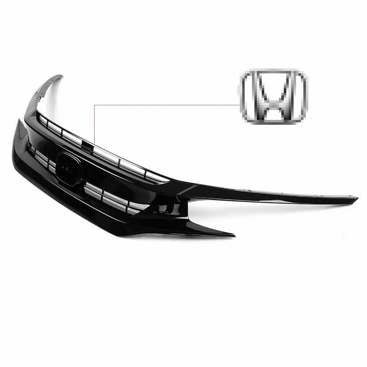 Gloss Black Front Bumper Grill Grille w/Chrome Emblem for 16-18 Honda Civic