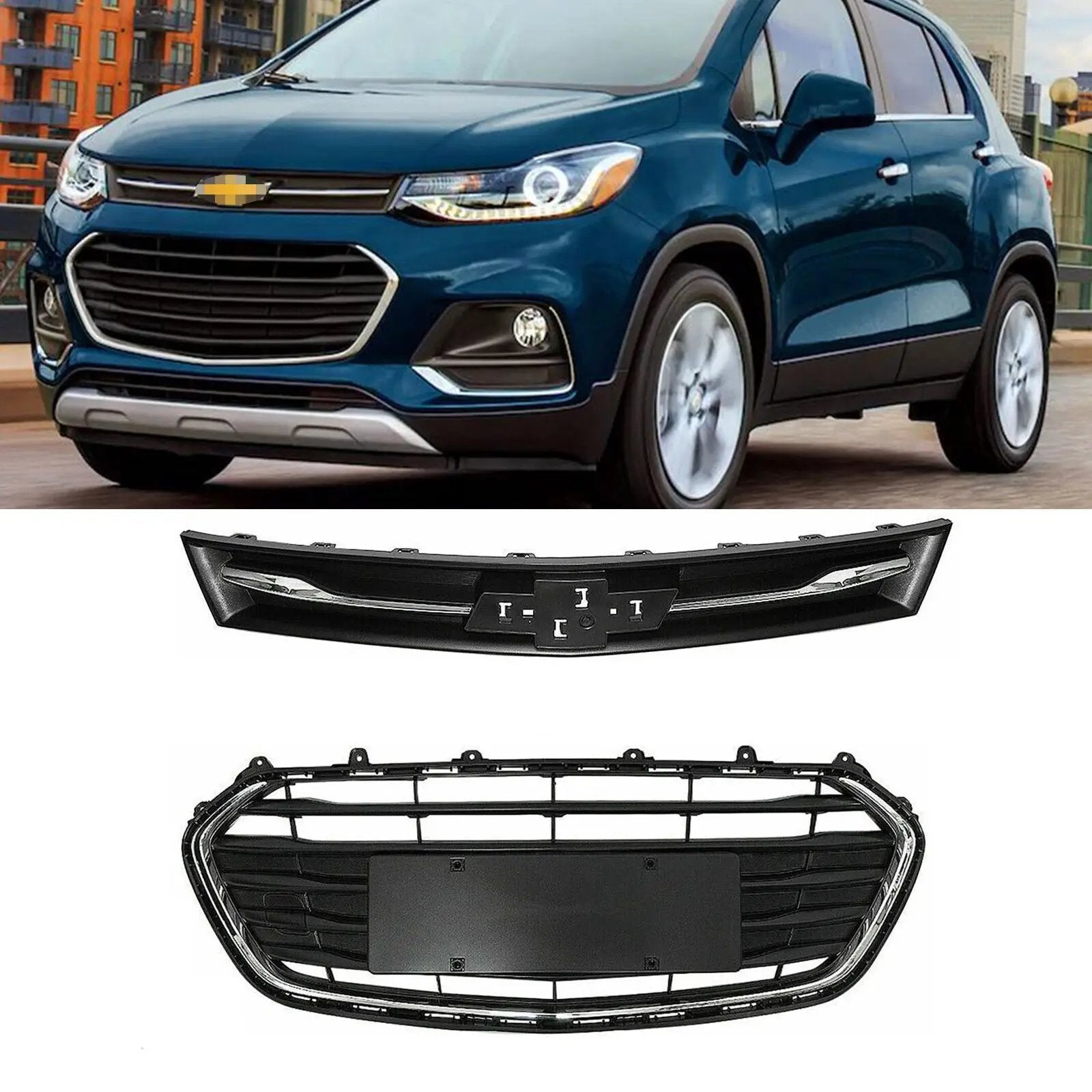 Front Upper Lower Grille Grill Black & Chrome for 17-20 Chevrolet Trax