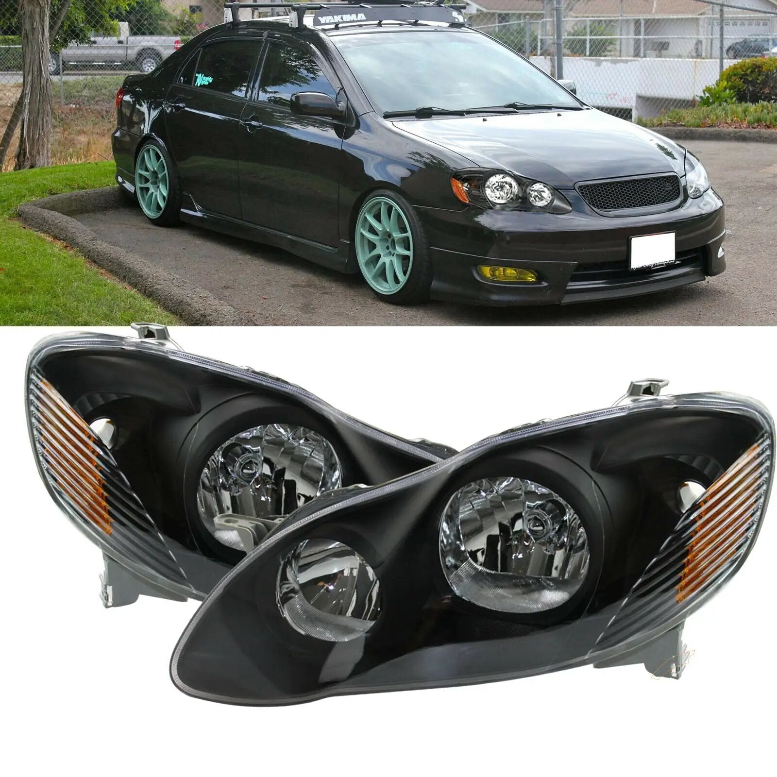 Headlights Assembly Headlamps Black Housing for 2003-2008 Toyota Corolla