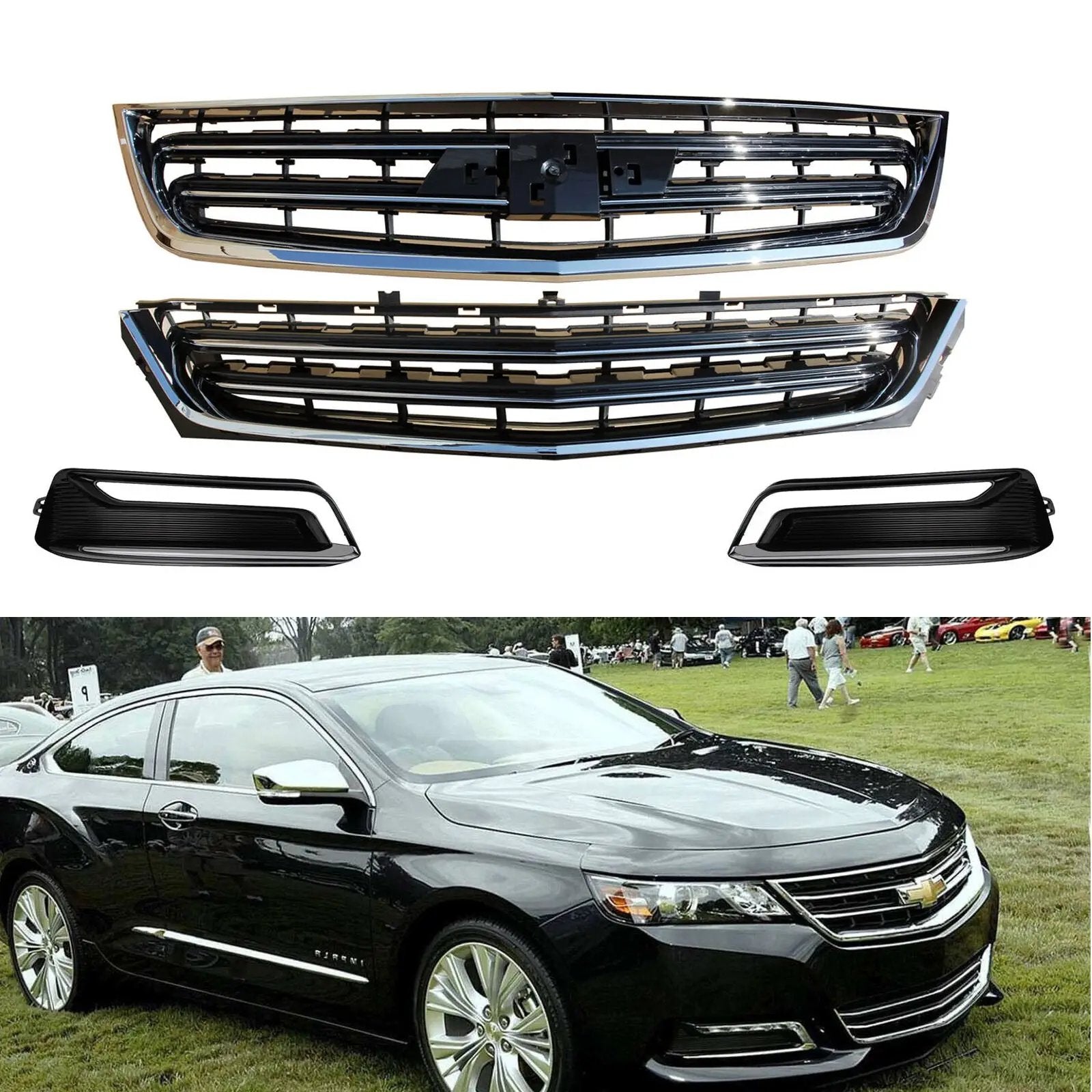 Front Upper Lower Grille Chrome Grill for 2014-2020 Chevrolet Impala Sedan