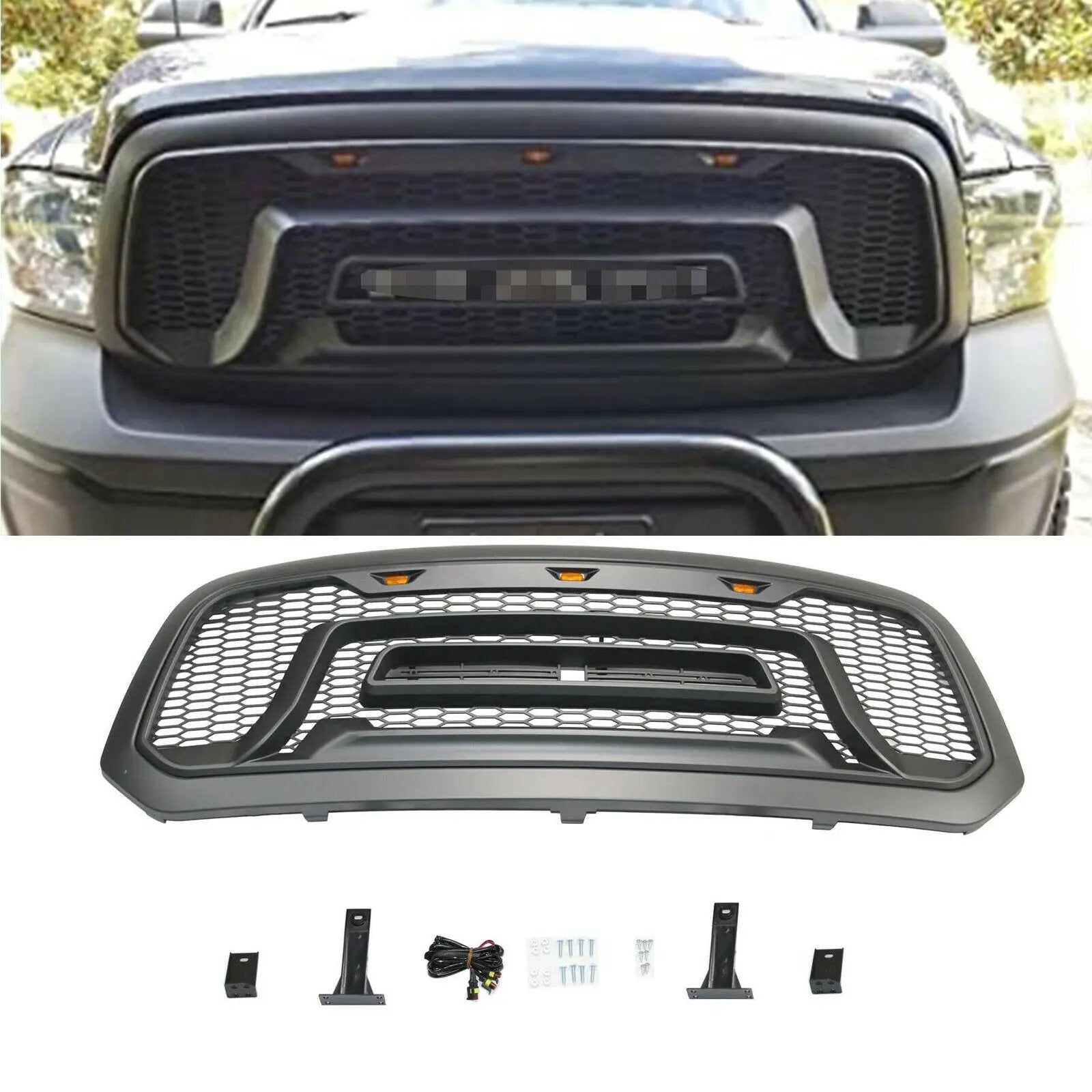 Matte Gray Front Grille Rebel Style w/LED Lights for  2013-2018 Dodge Ram 1500(With "RAM" Letter)
