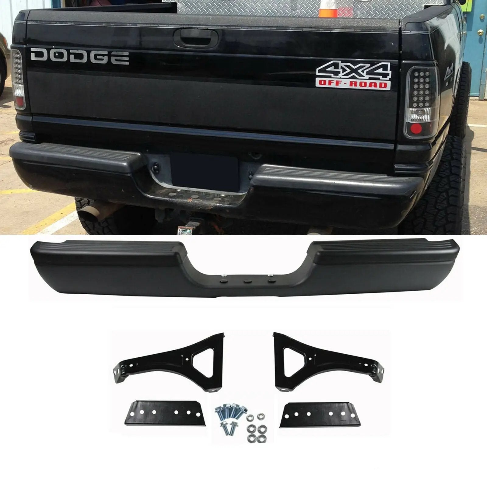 Black Steel Rear Step Bumper Assembly for 94-2002 Dodge RAM 1500 2500