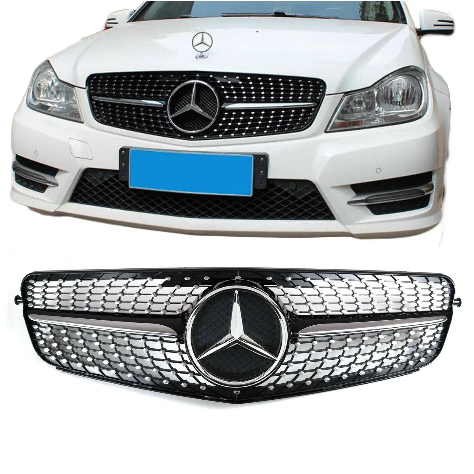 Chrome Diamond Front Grille Grill w/Star for Benz W204 C250 C300 08-13