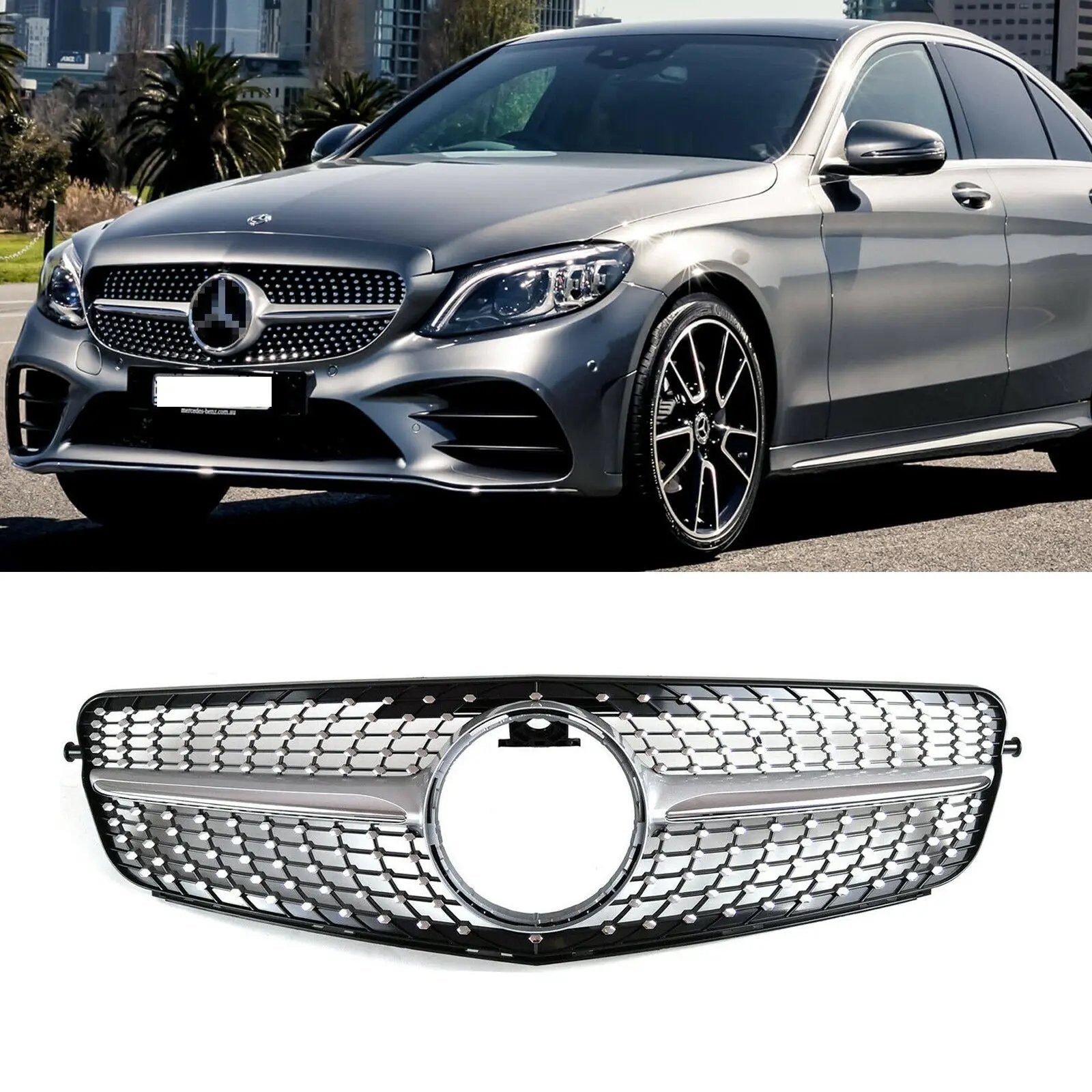 Silver Diamond Style Front Grille Grill for 08-13 Mercedes-Benz W204 C180-C350