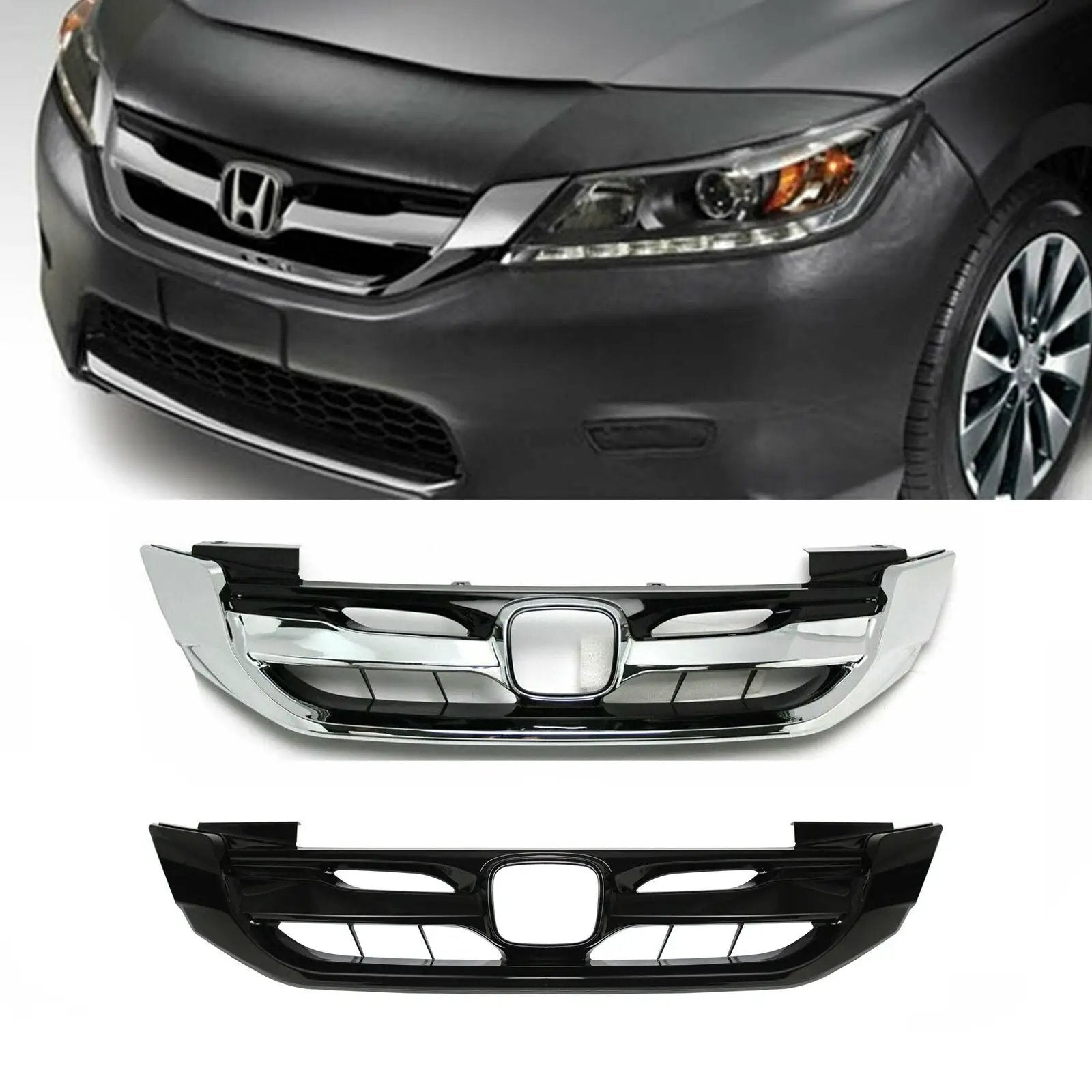 2013-2015 Honda Accord Sedan JDM Mod Style Front Grille Grill Black & Chrome