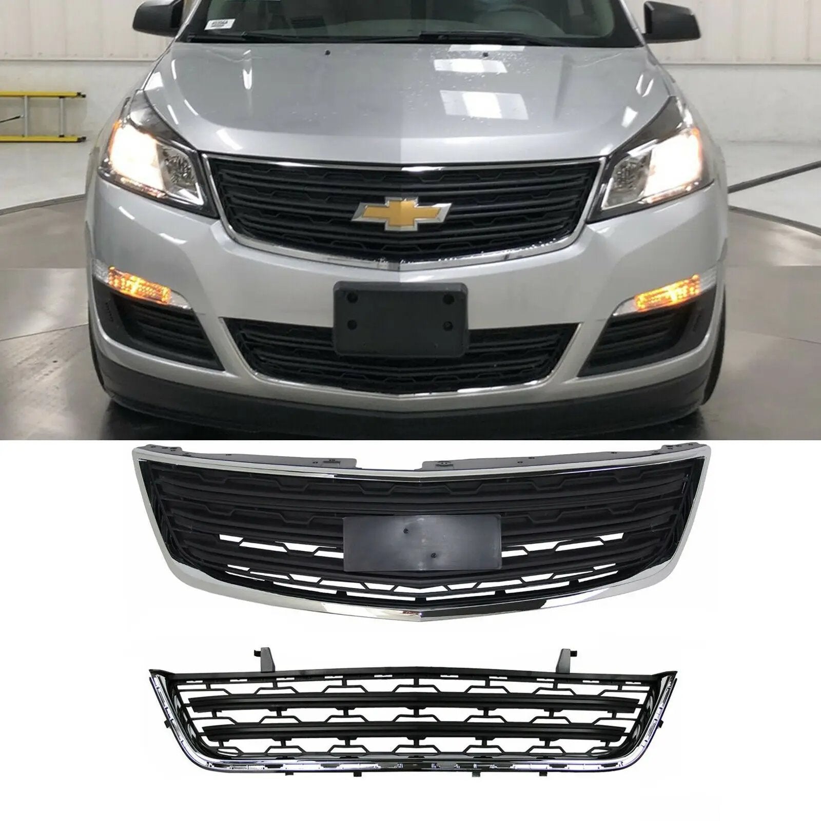 Black Chrome Front Upper & Lower Grille Grill for 2013-2017 Chevy Traverse